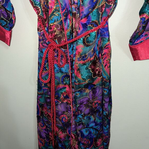 Vtg 90s Victorias Secret Gold Label Robe Dressing Gown Satin Trim Jewel Tone P/S - Picture 4 of 6